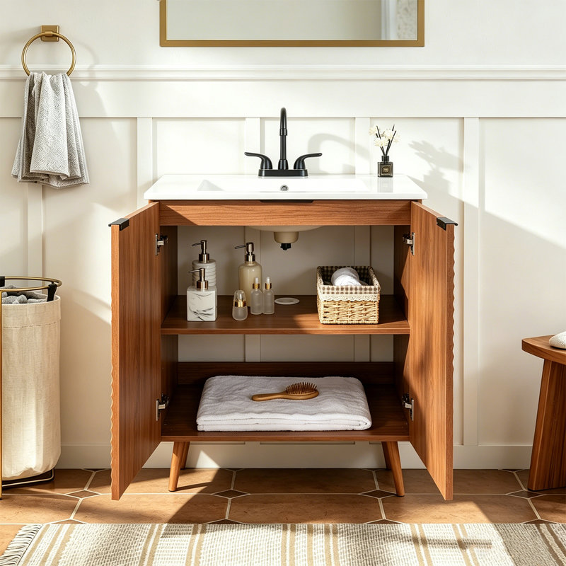 30" Fluted Wood Single Bathroom Vanity with Ceramic Sink Top & Soft Close Storage Cabinet