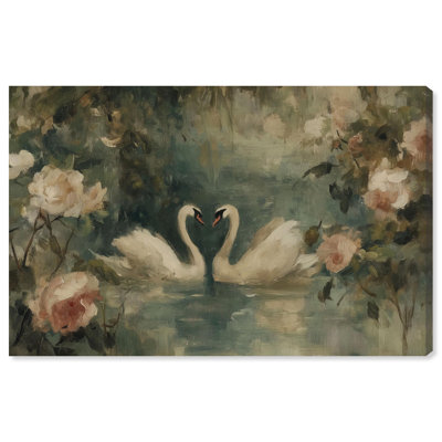 Heart of Two Swans Canvas Print Vintage Wall Decor by Art Remedy, Gallery Wrapped, 45 x 30