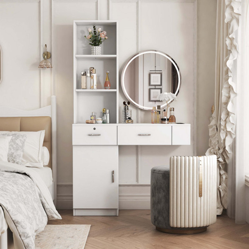 Bureau de coiffeuse moderne et élégant avec beaucoup de rangement et un design fonctionnel, Blanc