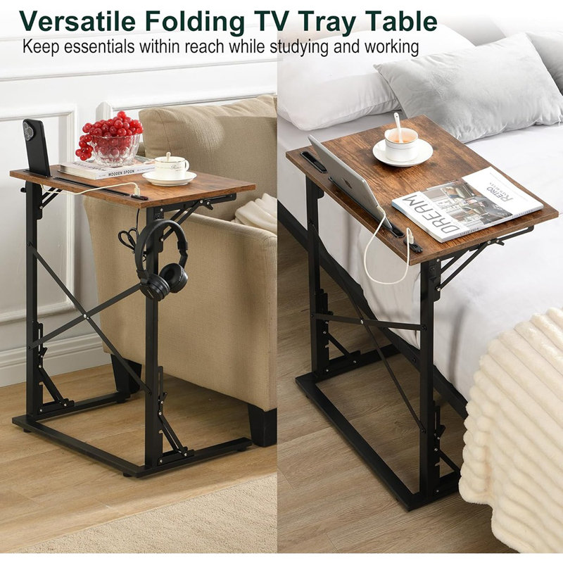 Table-plateau pliante pour téléviseur de 21 po x l 28 po, petite table de bout en forme de C avec fentes pour appareils et station de charge USB, table d'appoint coulissante sous le canapé pour le salon, la chambre à coucher, brun rustique