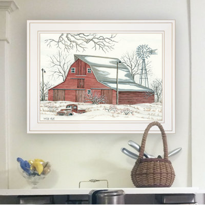 Reproduction d’art sur papier encadrée « Winter Barn avec Pickup Truck » par Cindy Jacobs