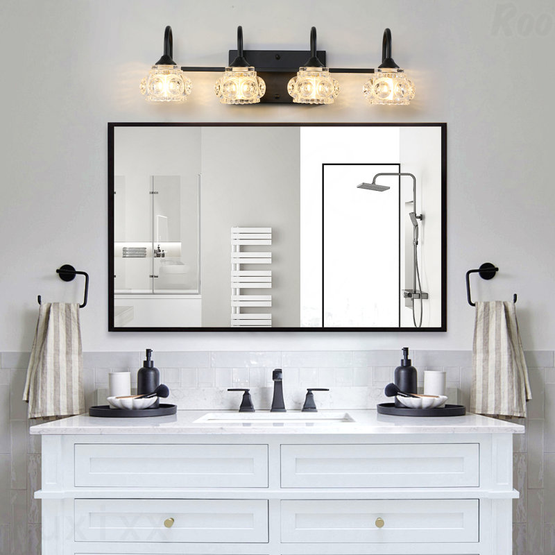 Luminaire de meuble-lavabo 23 po - métal noir à 4 lumières, abat-jour en cristal, fixation murale rétro, Noir, 4 Lights