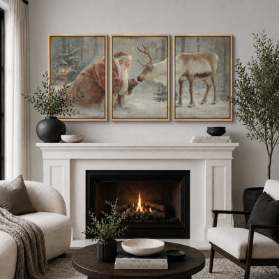 Père Noël et renne, art de Noël, photos de salon, impression sur toile encadrée, 3 pièces, 16 po x 24 po x 3 pièces, 24 po x 36 po x 3 pièces