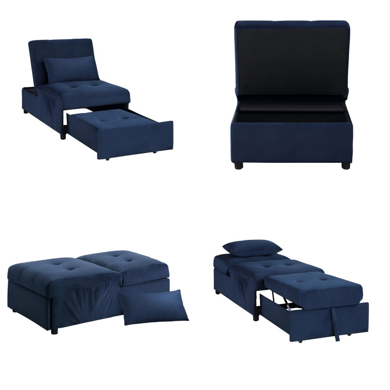 Le banc moderne capitonné en velours bleu se transforme en lit et repose-pieds avec rangement, Bleu très foncé