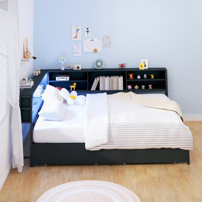 Corner Bed Frame With Storage Bookcase And Drawers, Wooden Bed With Charging Station And LED Light