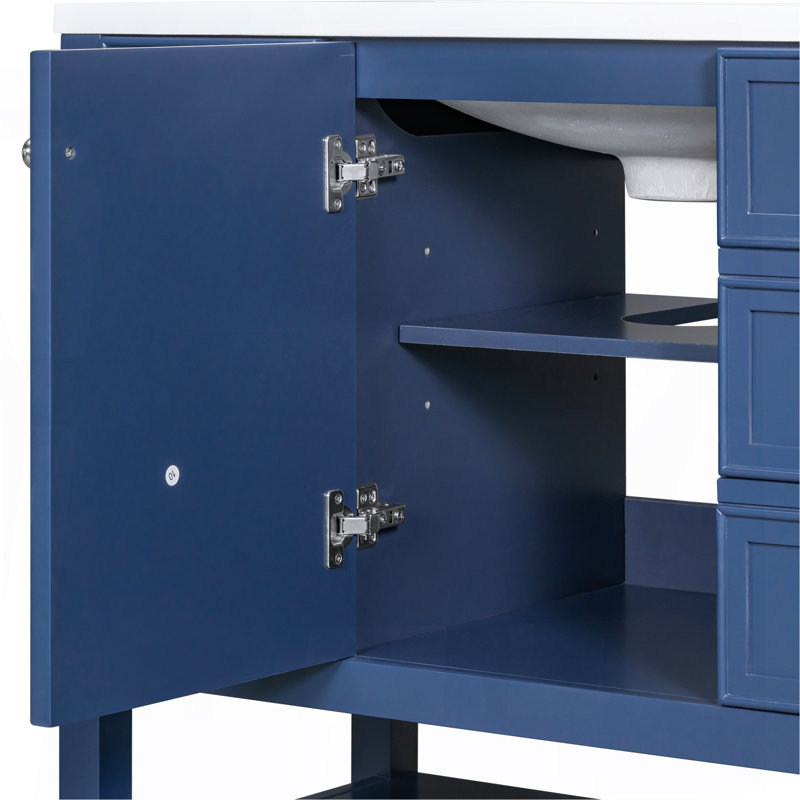 Meuble-lavabo 36 po avec lavabo, une armoire et trois tiroirs, panneau de bois massif et panneau de fibres à densité moyenne, bleu