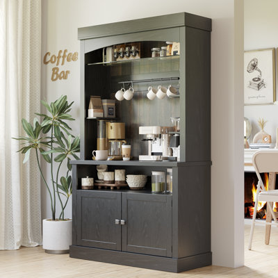 Farmhouse Coffee Bar Hutch with 3-Color LED Lights – Wood Buffet Cabinet with Wine Glass Rack, Kitchen Pantry Storage Cabinet for Living Room, Dining Room (Black)