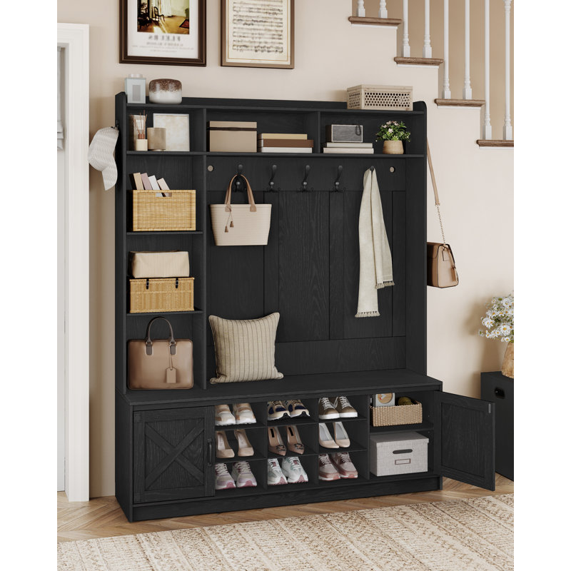 Hall Tree, 6-in-1 Farmhouse Entryway Bench with Shoe Storage Bench & Coat Rack, Entryway Furniture with 15 Cubbies & 5 Tri-Hook, Adjustable Shoe Storage