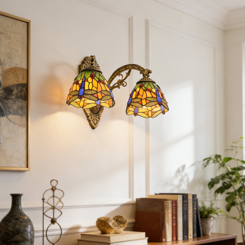 2-Light Tiffany Style Dragonfly Stained Glass Wall Sconce