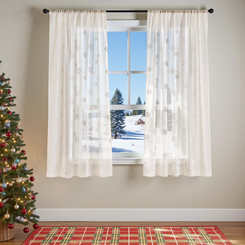 Rideaux brodés transparents rideaux de Noël blanc cassé flocon de neige voile décorations de Noël hiver, L 50 po x L 63 po