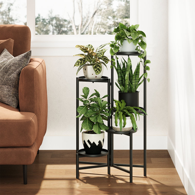 Support pour plante pliable en coin à 5 niveaux noir, tablette en métal robuste pour patio intérieur / extérieur, jardin, balcon