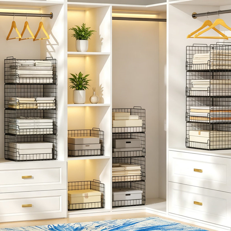 Rangement de garde-robe empilable à 4 niveaux et panier de rangement, système de rangement de garde-robe pliable en métal, bacs de rangement robustes et peu encombrants pour garde-robe, tablettes de rangement pliables pour la chambre à coucher