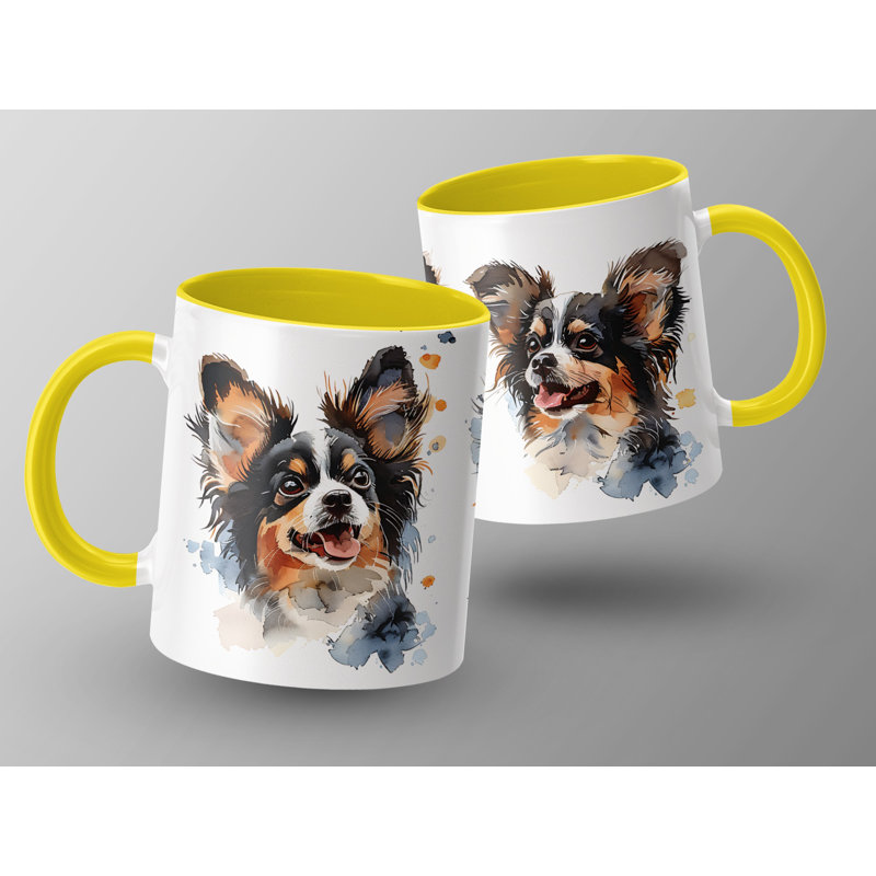 Watercolor Papillon Dog Design 11oz Coffee Mug, Yellow, 2