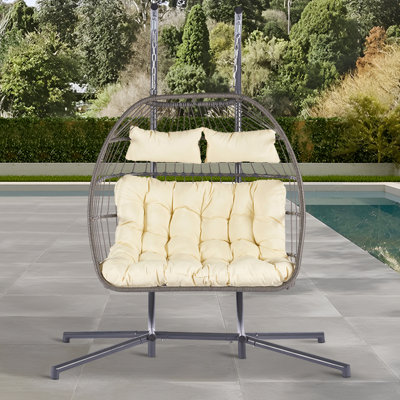 Fauteuil à suspendre pour 2 personnes en rotin pour l'extérieur, fauteuil pour patio, balançoire en osier fabriqué à la main, structure en fer durable