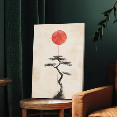 1PC Wall Arts Posters Framed,  Minimalist Japanese Style Canvas Wall Art with Red Sun and Pine Tree Zen Inspired Decor for Living Room Bedroom Office Modern Home Decoration Ready to Hang