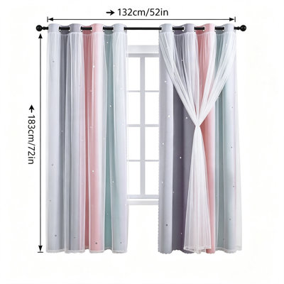 Set of 2 Double Layer Hollow Cutout Star Window Curtain Panels, Gradient Gray Pink Rainbow Light Filtering Rod Pocket Drapes, 132 x 214cm Decorative Curtains for Kids Bedroom Nursery Playroom