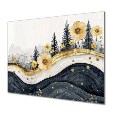 Fleurs de rivière dorées, paysage de rivière en cristal III - décoration murale en métal fleurs sauvages