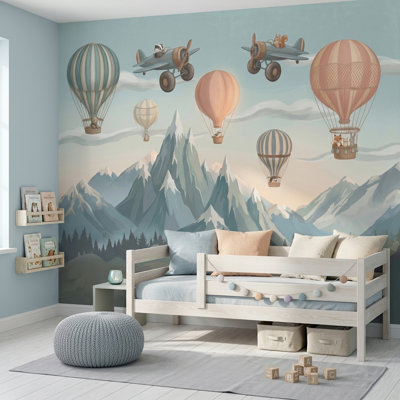 Mountain Landscape Wallpaper Hot Air Balloons Vintage Airplanes Wall Mural
