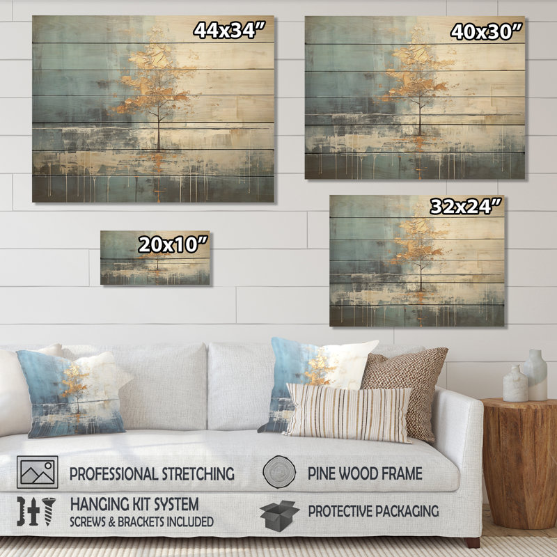 Gold And Blue Bird Bloom Springtime IV - Tree Canvas On Wood Print, 24" H x 32" W x 0.78" D