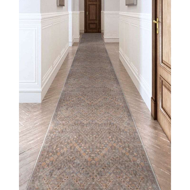 Gowan Anya Grey Custom Size Hallway Stair Kitchen Runner - Vintage Tribal Low Pile Carpet, Runner 2'7" x 59'