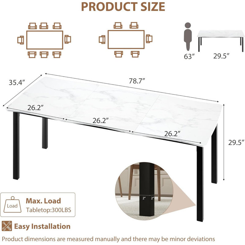 Rustic Wave Edge Dining Table for 6-8, Thick MDF Top with Metal Frame, Waterproof, Marble, 29.5" H x 78.7" L x 35.4" W, Gray