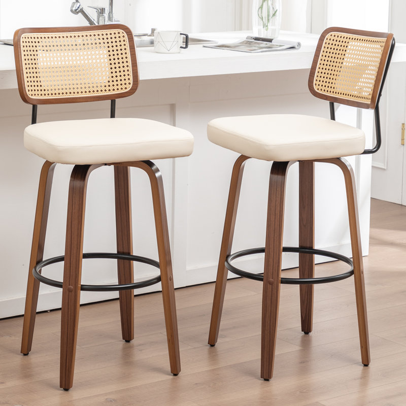 Cane Back Swivel Bar Stools with Faux Leather Seat, Bar Stool (30.7" Seat Height), Beige