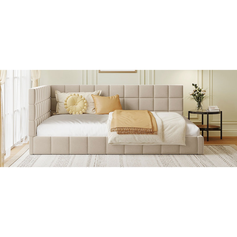 Lit de jour beige rembourré pleine grandeur - look classique moderne, rehausse la maison, avec l'ensemble de lattes en velours élégant, s'adapte à la maison, soutient