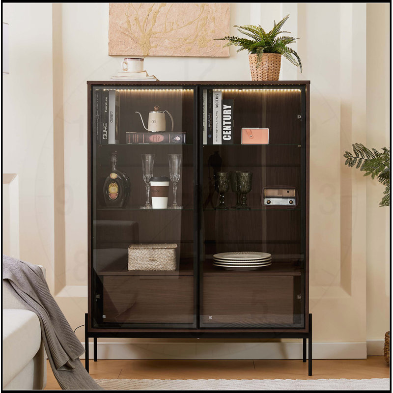 51.2" Freestanding Display Cabinet with 2 Drawers, Glass Doors, LED Lighting, and 4-Tier Adjustable Shelves for Modern Living Spaces