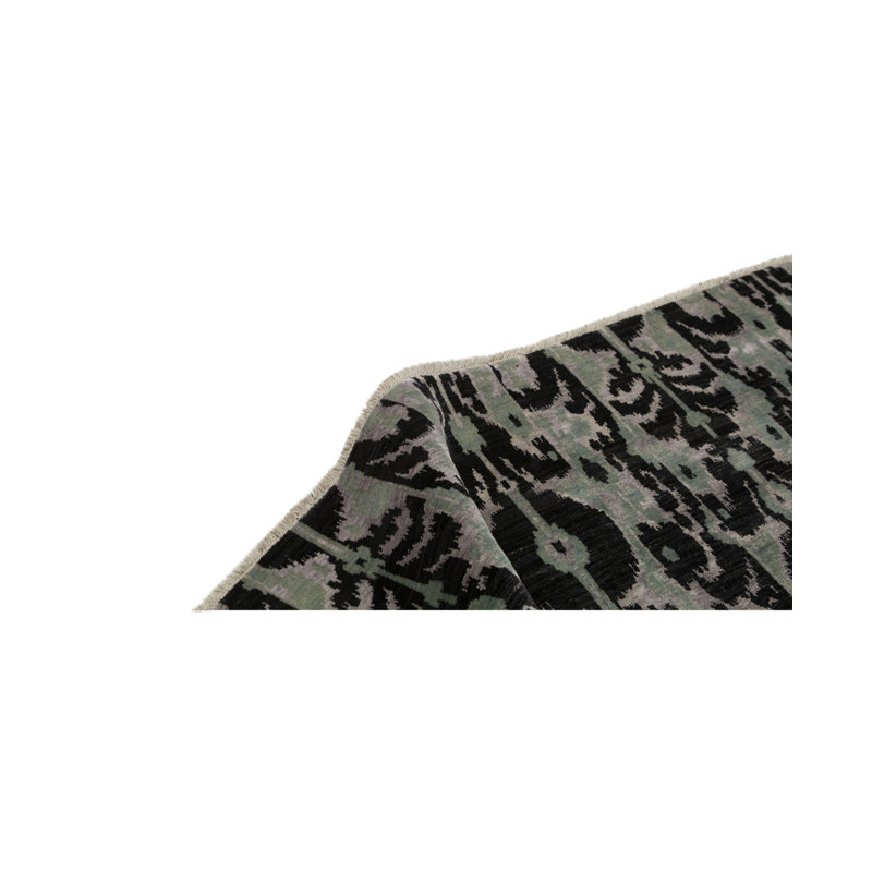 Tapis marocain en laine noué à la main vert / viscose / noir / gris