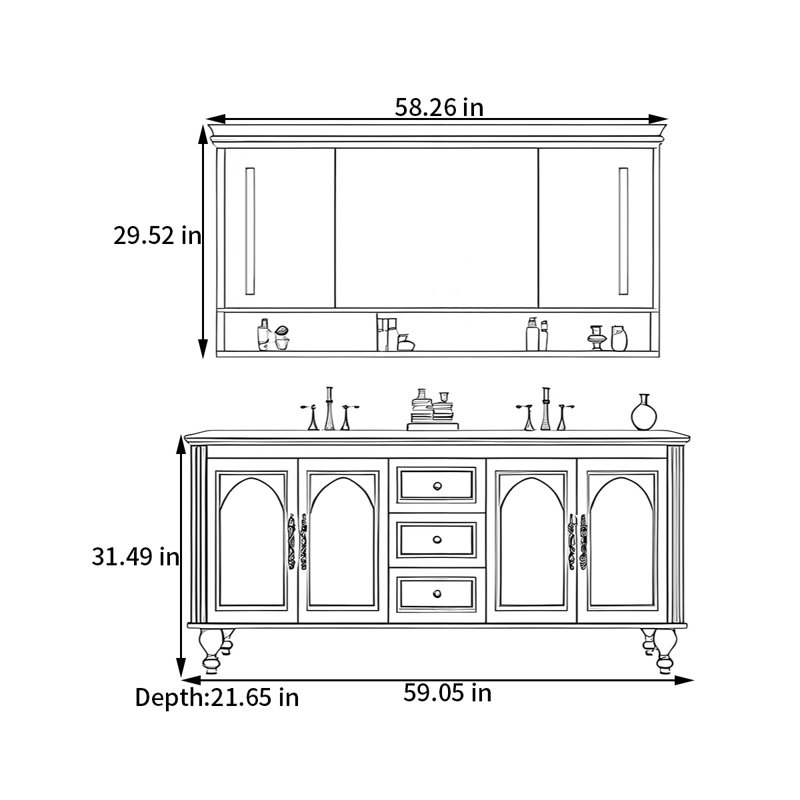 Armoire de salle de bain française, H 31,49 po x l 59,05 po x P 21,65 po
