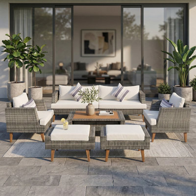 Ensemble de canapé modulaire d'extérieur en rotin PE 6 pièces avec coussins doubles épais, pieds en bois massif et plateau de table en bois beige et gris