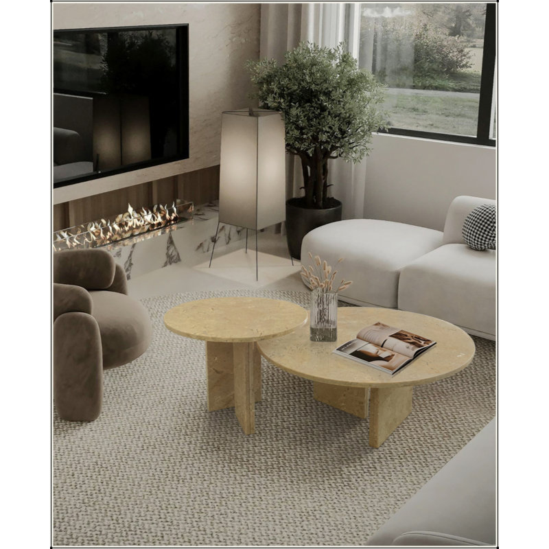 Ensemble de table basse en marbre naturel, petite table, table de salon, pierre naturelle, Beige / or / jaune