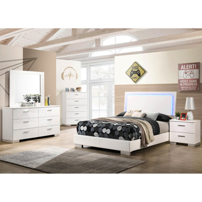 Led Panel Full Bed Featuring White High Gloss Finish And Four Support Legs For Bedroom Size With Built - In Lighting Slat Detailing