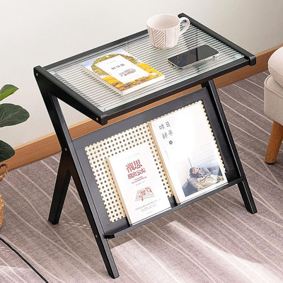 Solid Wood Side Table with Glass Top and Rattan Magazine Rack – End Table for Living Room & Bedroom