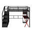 Lit mezzanine double en métal avec poste de travail intégré, garde-robe et DEL