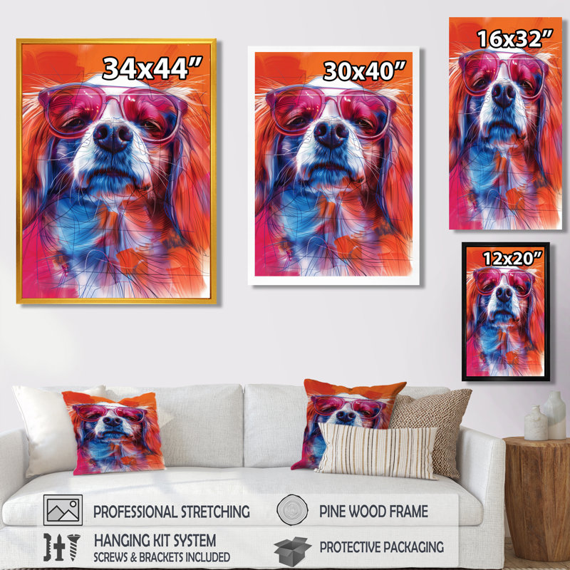 Rose et blanc, lunettes de soleil et Border Collie, Cadre flottant noir, H 16 po x l 32 po x P 1 po