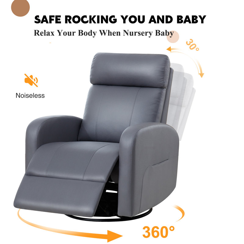 Gray Faux Leather Swivel Rocker Recliner with USB Port