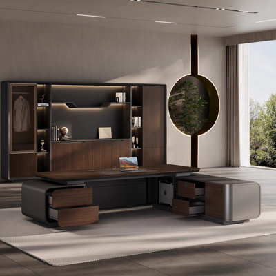 125.98"Luxury-modern brown L-shaped executive office desk