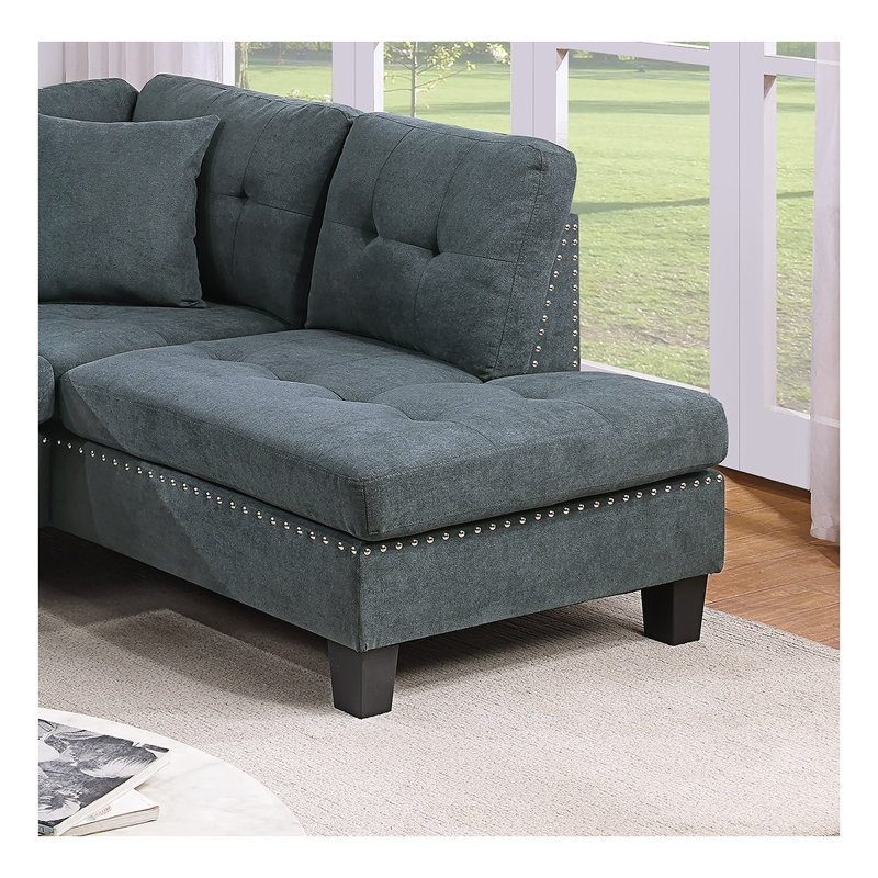 Ensemble de canapé modulaire en L 2 pièces avec méridienne Ash, canapé capitonné en tissu d'aspect velours avec garniture cloutée et coussins décoratifs