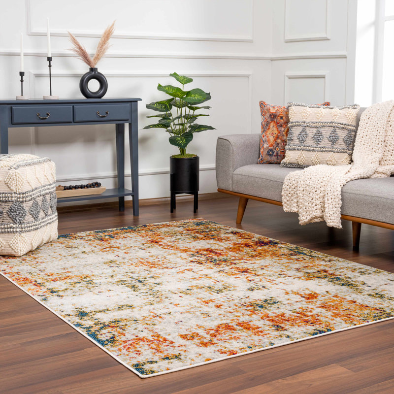 Tapis orange / beige / rouge en polypropylène tissé à la machine, Rectangle 6 pi 7 po x 9 pi