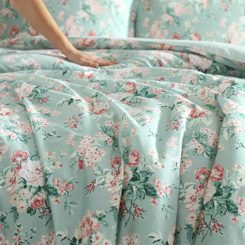 Ensemble d'édredon vert réversible en coton Laura Ashley Rosemoore, Édredon pour lit simple + 1 taie décorative stan