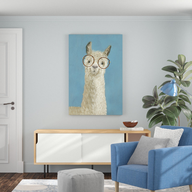 Llama Specs III by Victoria Borges - Painting on Canvas, 76cm H x 51cm W, Black Floater Framed