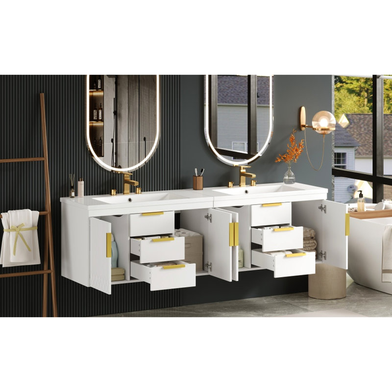 Meuble-lavabo mural 72 po, armoire de rangement murale flottante 72 po, 4 tiroirs, lavabo 36 po, poignées rouille, finition peinte imperméable, assemblage facile à assembler