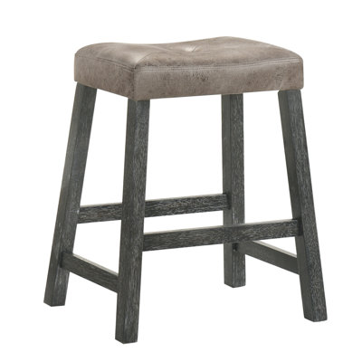 Tabouret de 25 pouces de style rustique sans dossier de 2 avec siège en cuir brun, structure en bois massif, espace pour les barres de petit-déjeuner et les cuisines, comptoir en bois au look patiné, îlots de cuisine confortables