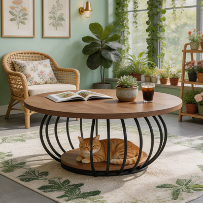 Table basse ronde 39,5 po, table d'appoint centrale à 2 niveaux avec tablette de rangement