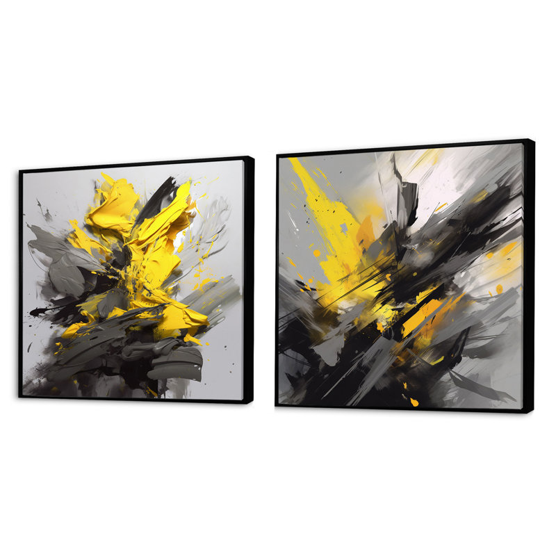 Tourbillons vibrants jaunes et gris - formes abstraites, ensemble de collage carré, Cadre flottant noir, H 16 po x l 33 po