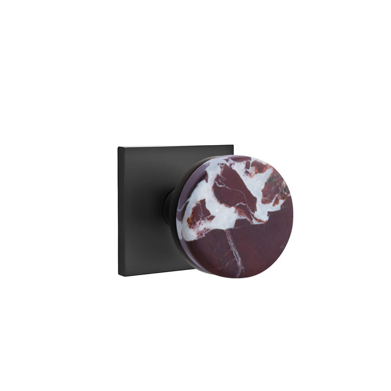 Emtek Select Privacy Knobset w/ Square Rosette & Conical Stem, Rosso Levanto Marble Knob (CF), Flat Black