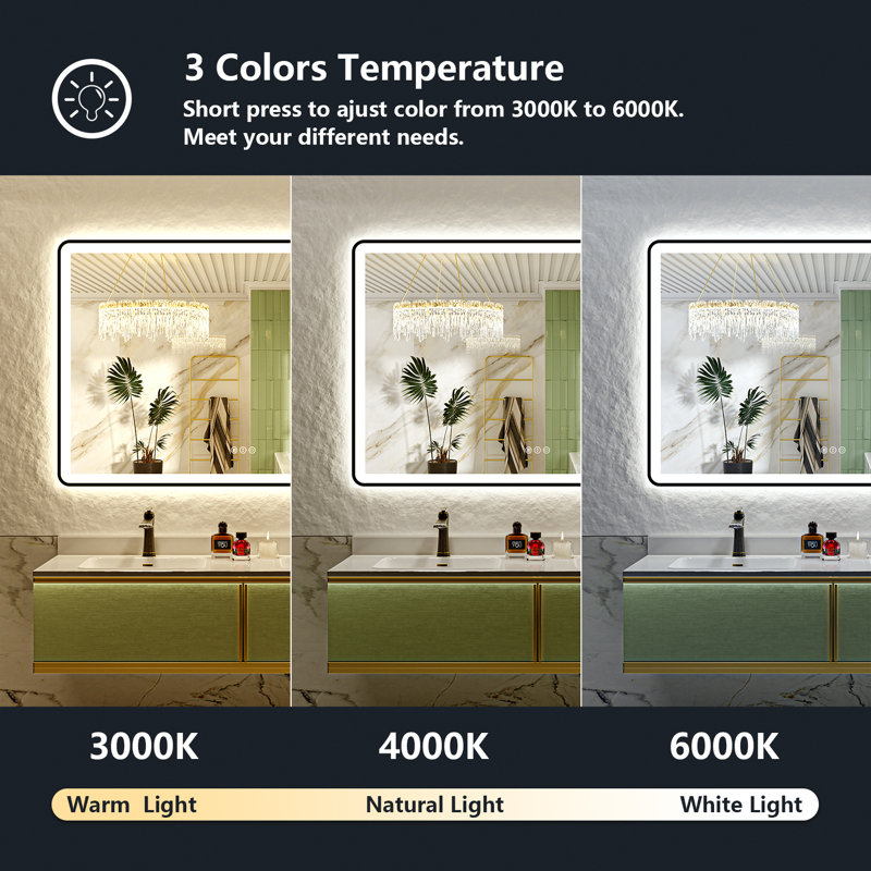 Hyosvany Matte Black Matel Framed LED Vanity Mirror with Front-lit and Back-lit, Memory Function, 3 Color Temperatures, Dimmable Light & Anti-fog Tempered Glass Mirror
