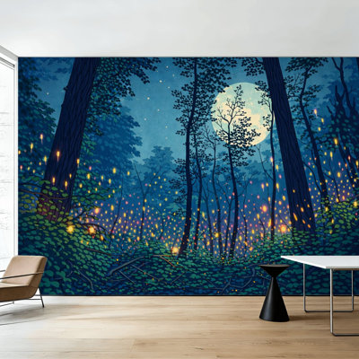 Papier peint adhésif à peler, coller, conte de fées foncé, forêt, paysage nocturne, lumières magiques murales H 100 po x l 144 po, papier peint amovible en PVC, adhésif mural pour chambre à coucher, bureau à domicile