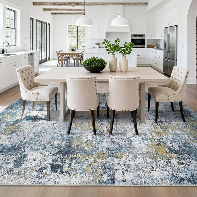 Modern Abstract 2x6 Runner Rug – Washable, Non-Slip for Hallways, Kitchen, Bathroom, Laundry Room (Blue Yellow)